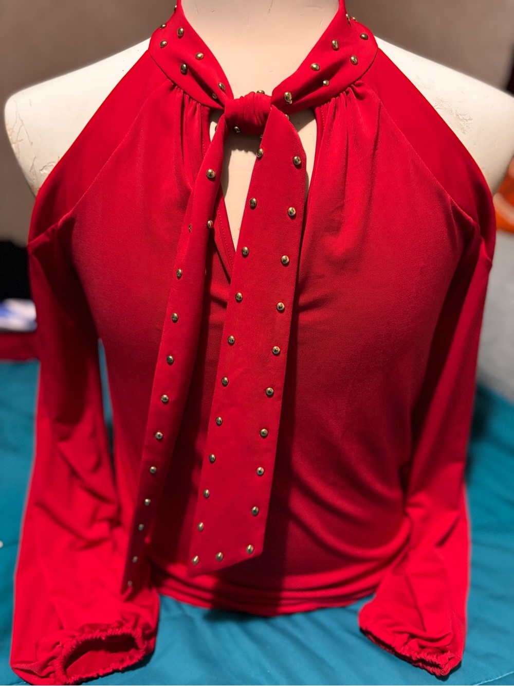 NWT Michael Kors Red Cold Shoulder Studded Bow Blouse Top S